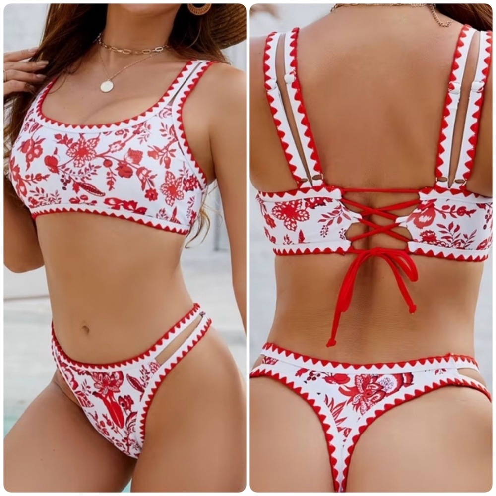 Floral Lace Up High Cut Thong Bikini Set